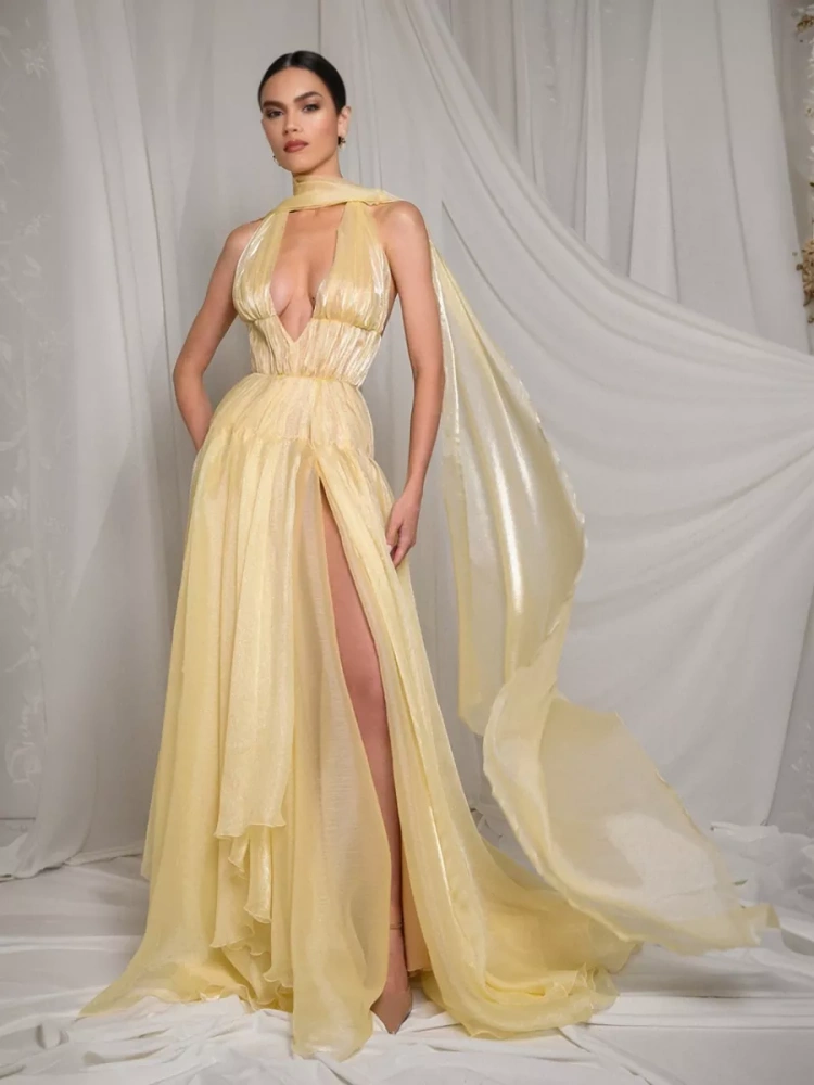 TWOTWINSTYLE Sexy Deep V Ribon  Backless Hanging Neck Maxi Dress