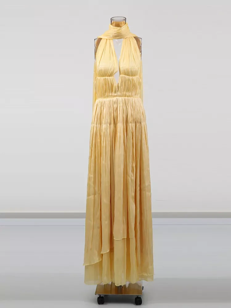 TWOTWINSTYLE Sexy Deep V Ribon  Backless Hanging Neck Maxi Dress