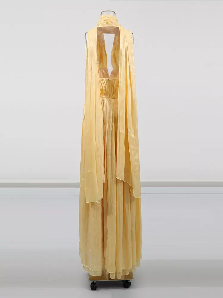 TWOTWINSTYLE Sexy Deep V Ribon  Backless Hanging Neck Maxi Dress