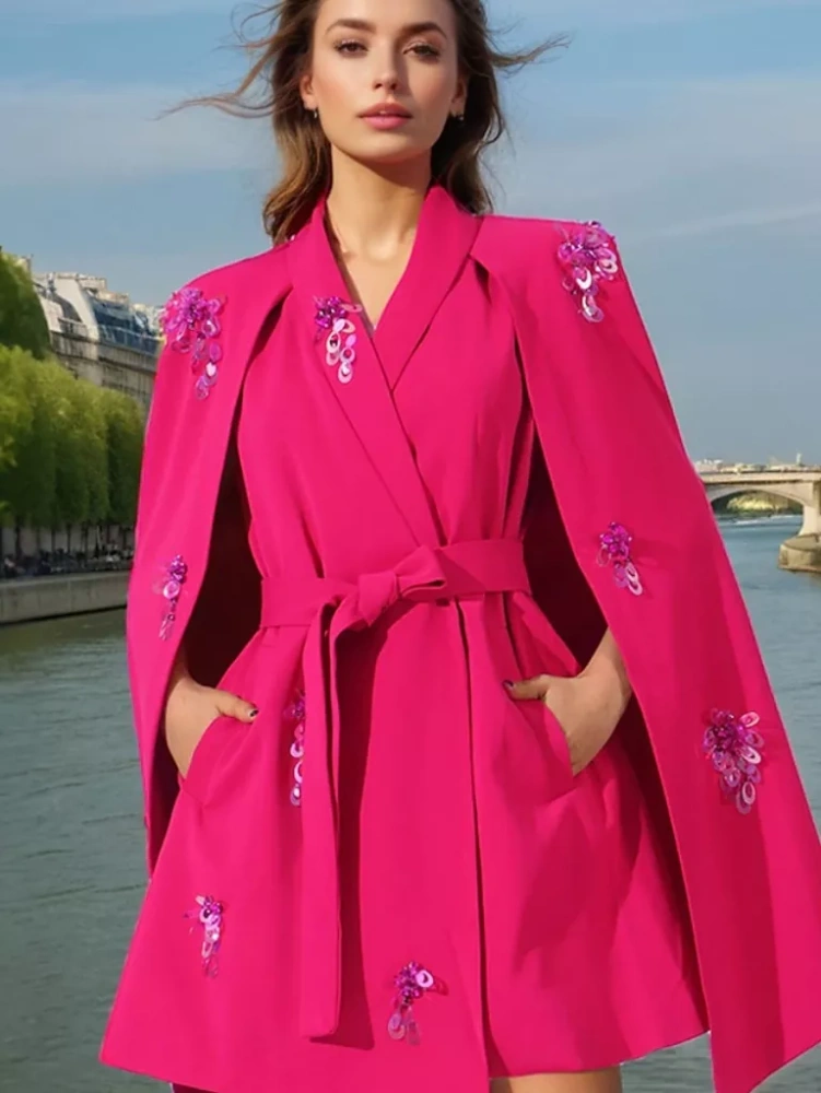 TWOTWINSTYLE Sequin Cape Waist Cinched V Neck Jacket