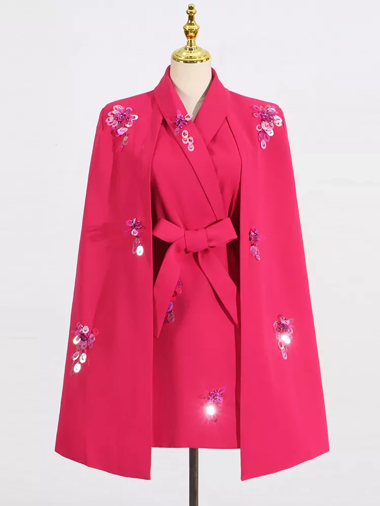 TWOTWINSTYLE Sequin Cape Waist Cinched V Neck Jacket