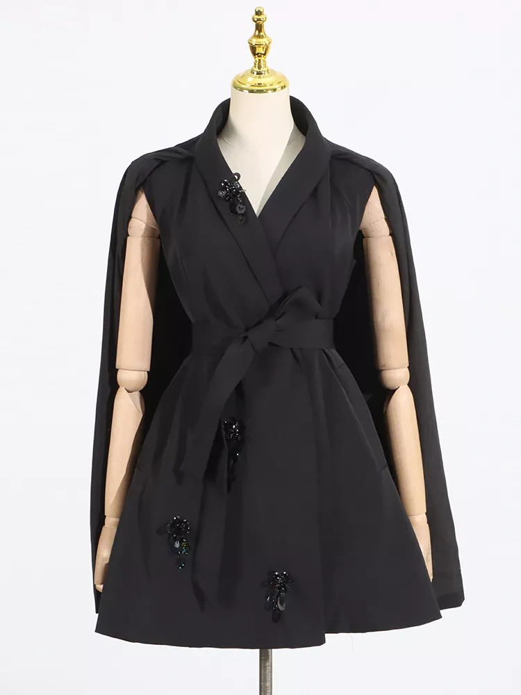 TWOTWINSTYLE Sequin Cape Waist Cinched V Neck Jacket