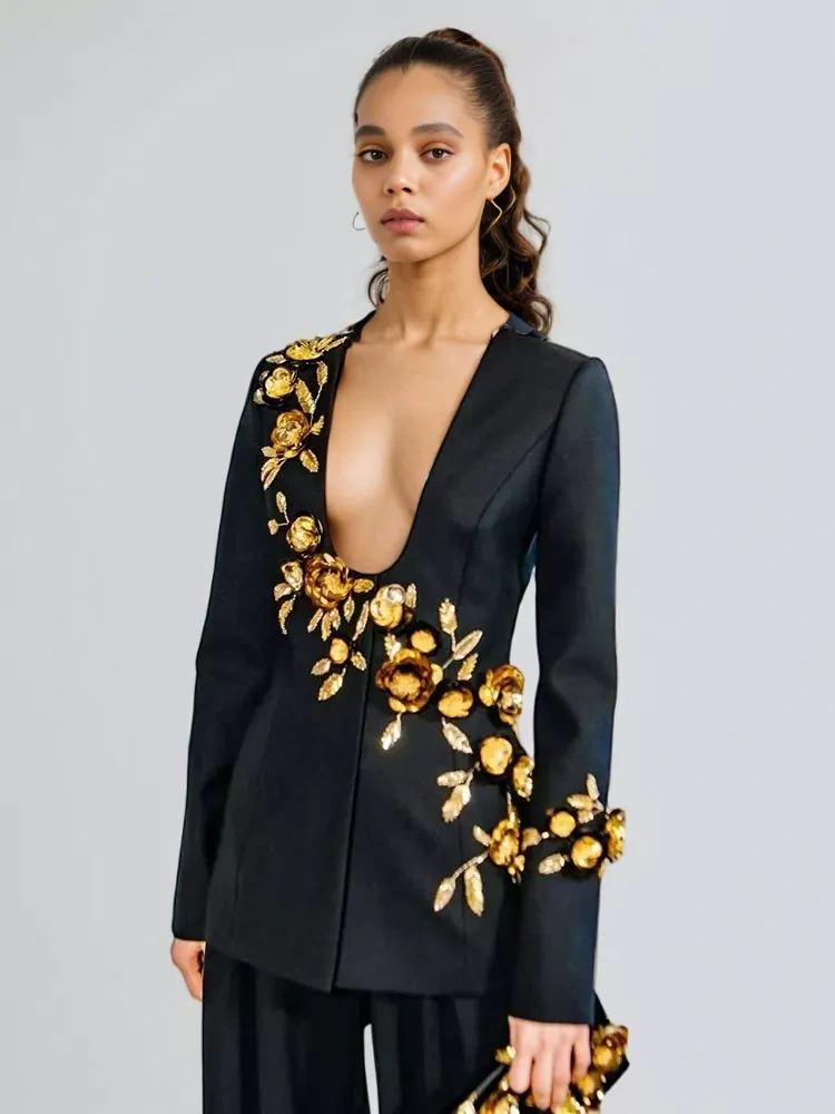 TWOTWINSTYLE Sequin Bead Flower Deep U Suit Jacket