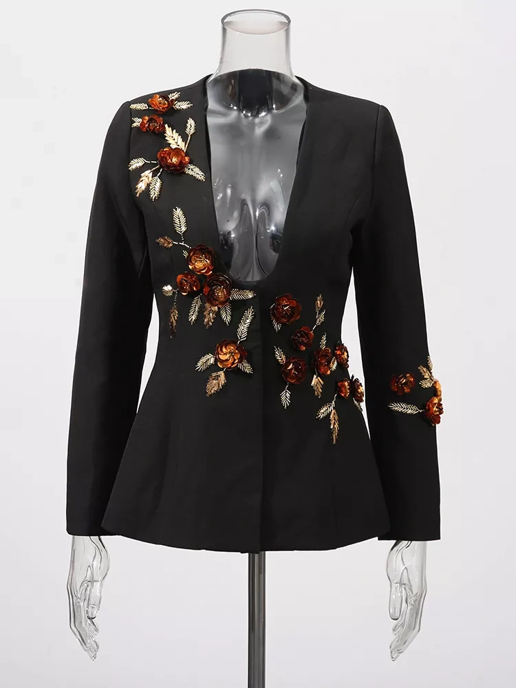 TWOTWINSTYLE Sequin Bead Flower Deep U Suit Jacket
