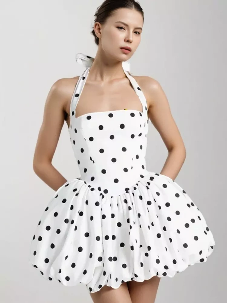 TWOTWINSTYLE Hanging Neck Fluffy Mini Dress