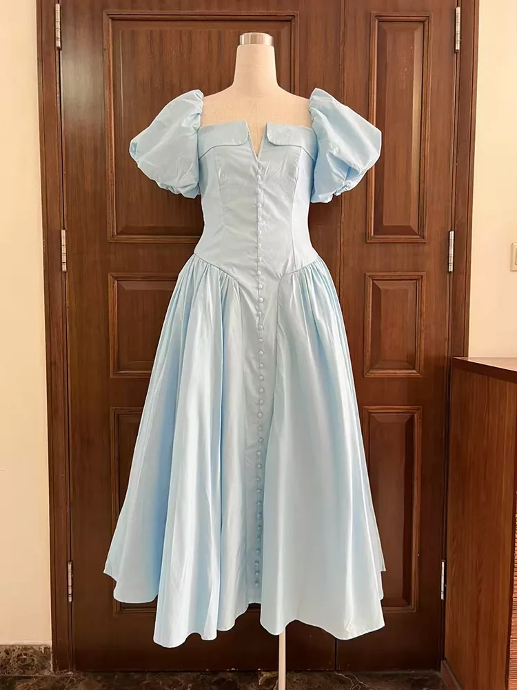 TWOTWINSTYLE Square Neck Bubble Sleeve Fish Bone Splicing Pleated Maxi Dress