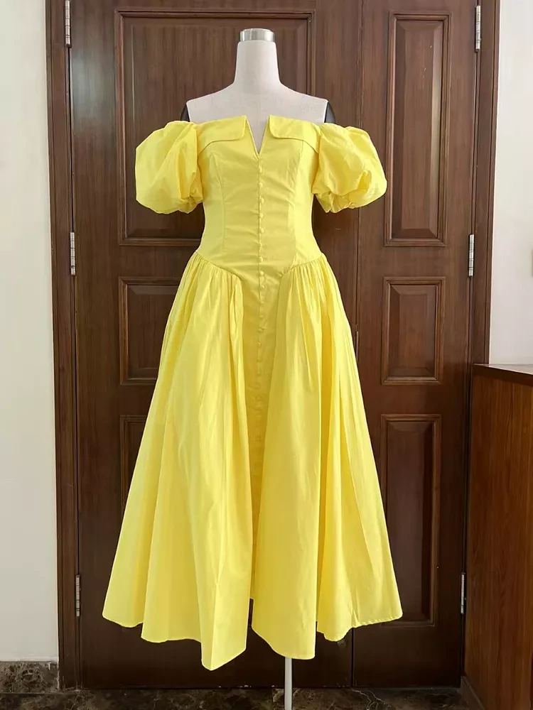 TWOTWINSTYLE Square Neck Bubble Sleeve Fish Bone Splicing Pleated Maxi Dress