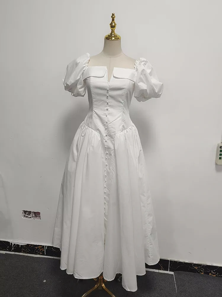 TWOTWINSTYLE Square Neck Bubble Sleeve Fish Bone Splicing Pleated Maxi Dress
