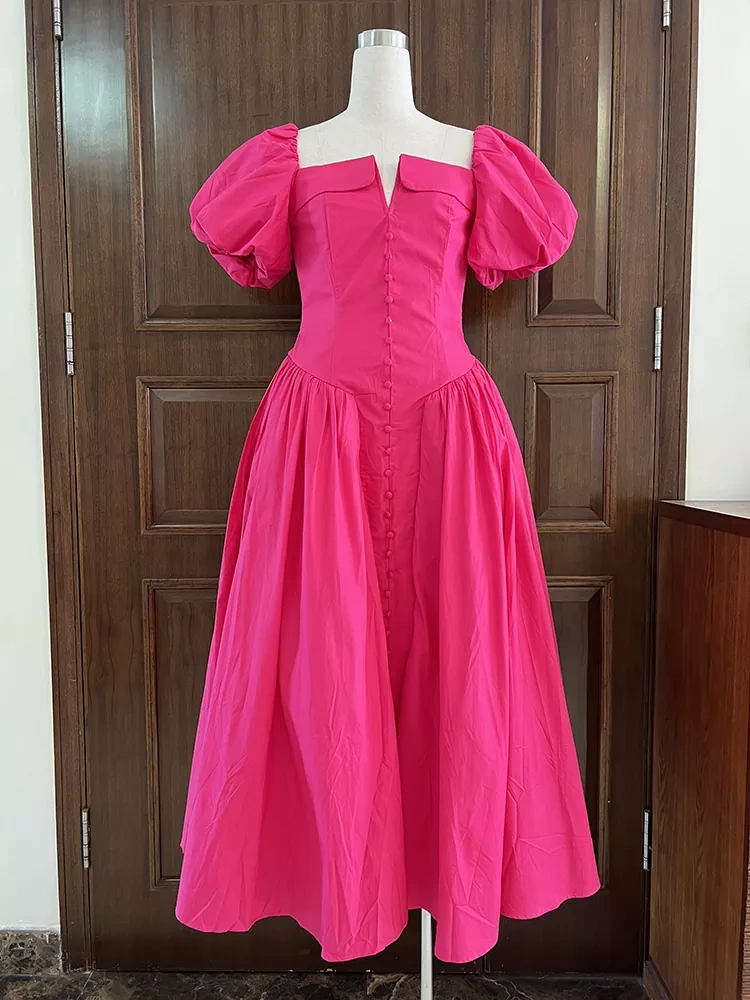 TWOTWINSTYLE Square Neck Bubble Sleeve Fish Bone Splicing Pleated Maxi Dress