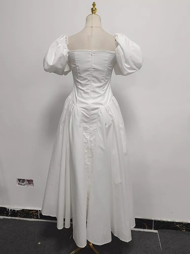 TWOTWINSTYLE Square Neck Bubble Sleeve Fish Bone Splicing Pleated Maxi Dress