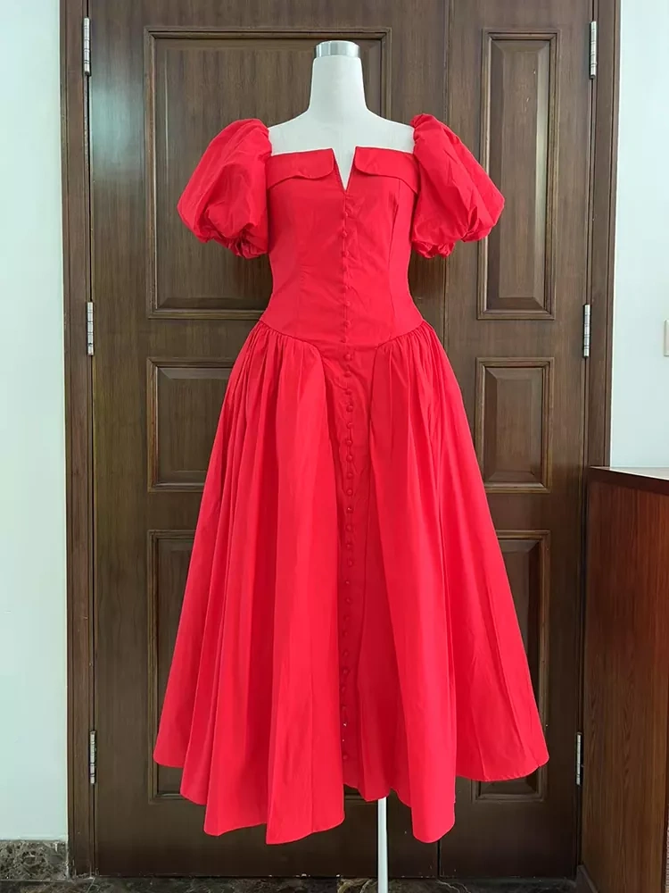 TWOTWINSTYLE Square Neck Bubble Sleeve Fish Bone Splicing Pleated Maxi Dress