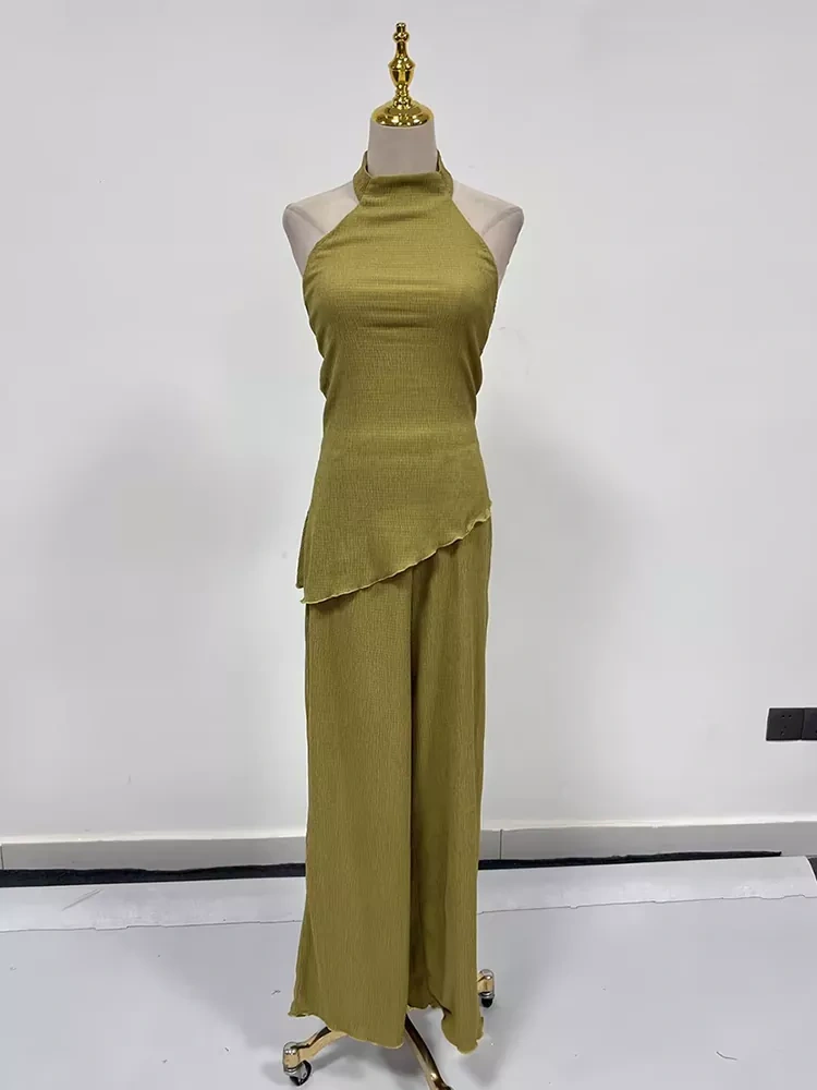 TWOTWINSTYLE Hanging Neck Wide Leg Pants Two Piece Set