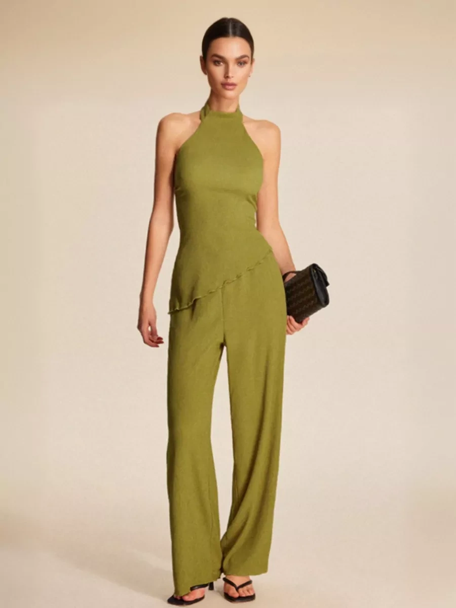 TWOTWINSTYLE Hanging Neck Wide Leg Pants Two Piece Set