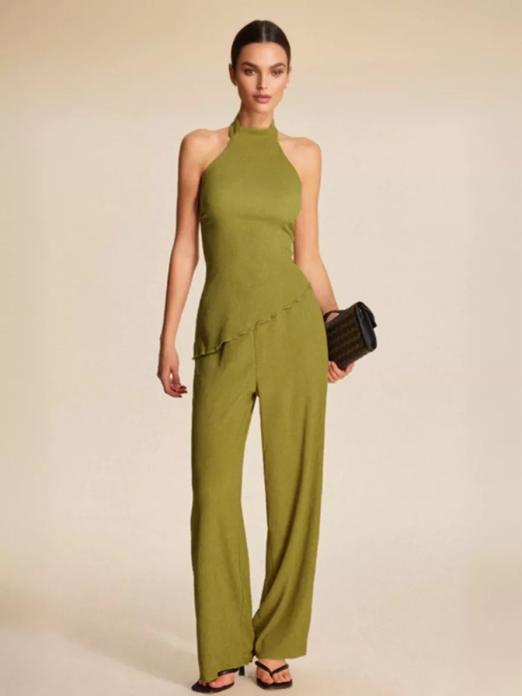 TWOTWINSTYLE Hanging Neck Wide Leg Pants Two Piece Set