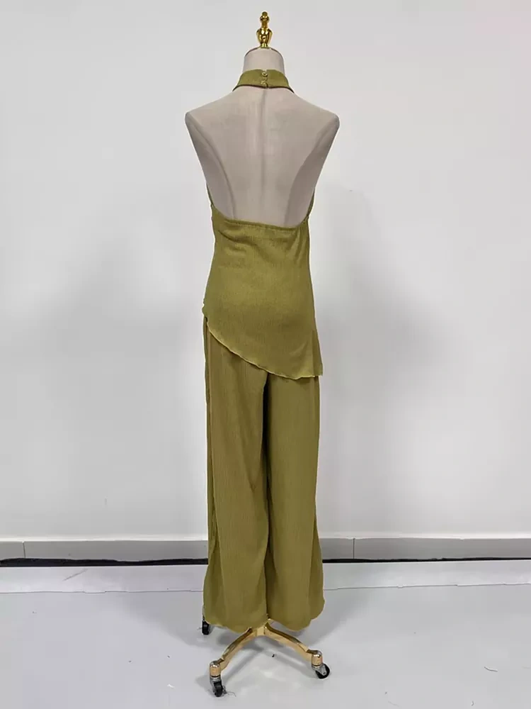 TWOTWINSTYLE Hanging Neck Wide Leg Pants Two Piece Set