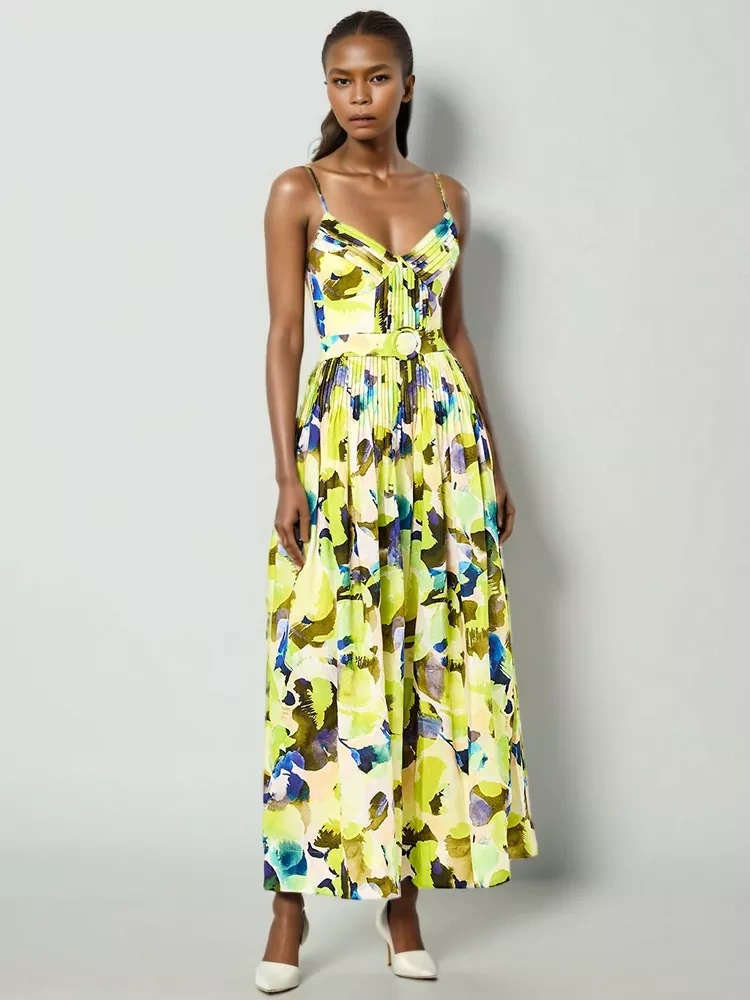TWOTWINSTYLE Pleated Camisole Strapless Printed Maxi Dress