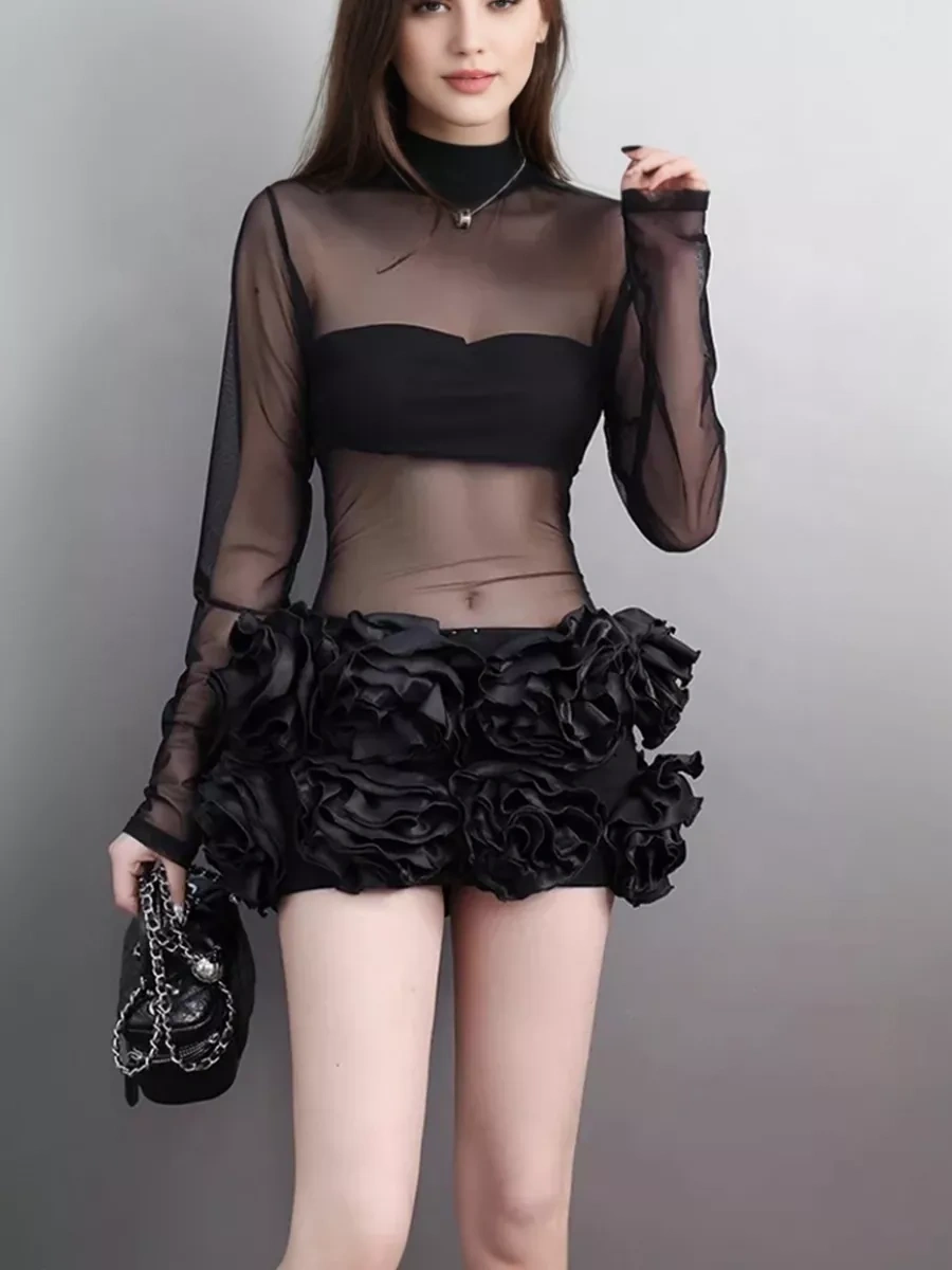 TWOTWINSTYLE Mesh Flower Perspective High Neck Long Sleeve Dress