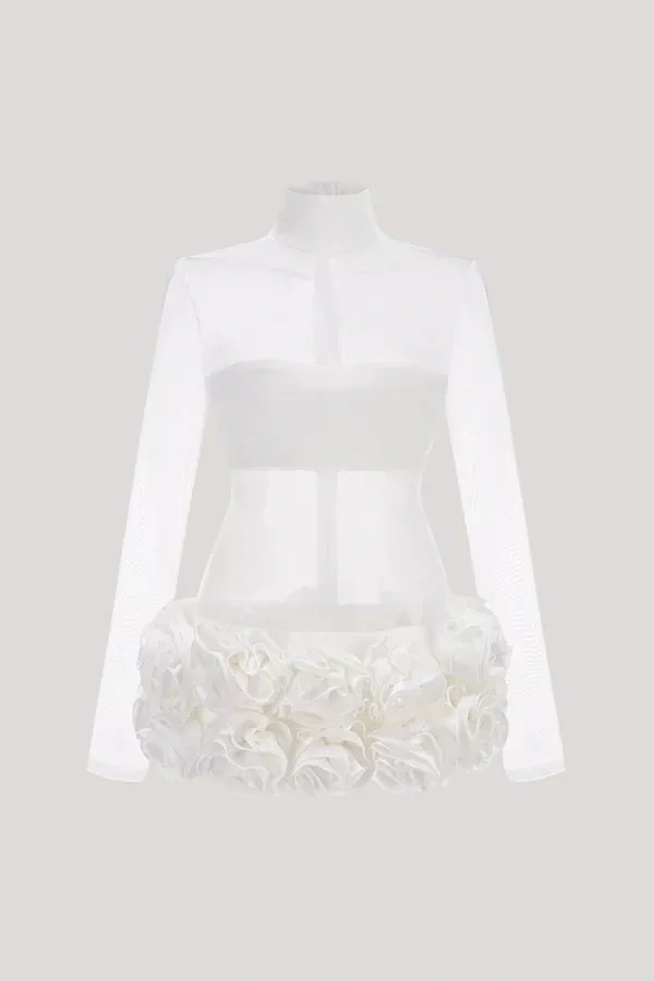 TWOTWINSTYLE Mesh Flower Perspective High Neck Long Sleeve Dress