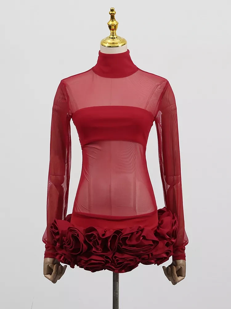 TWOTWINSTYLE Mesh Flower Perspective High Neck Long Sleeve Dress