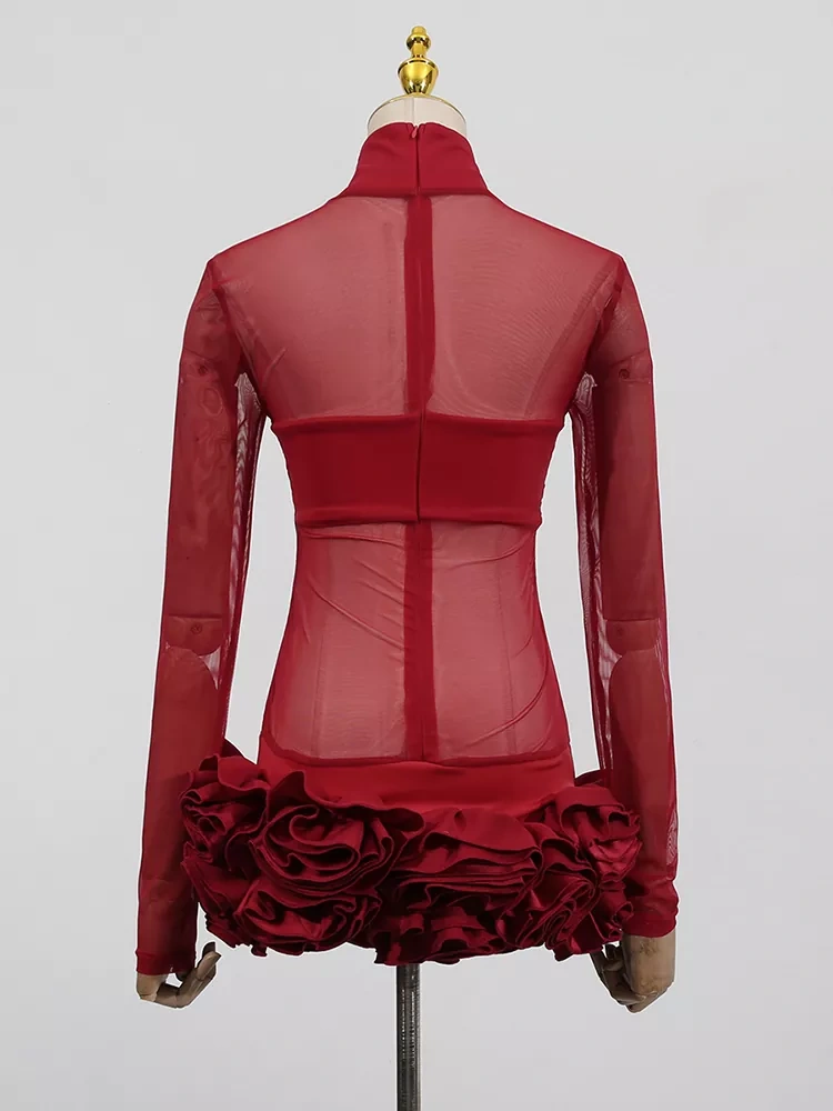 TWOTWINSTYLE Mesh Flower Perspective High Neck Long Sleeve Dress