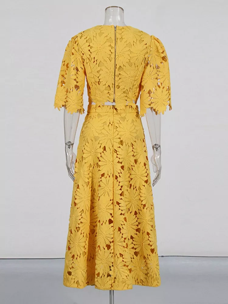 TWOTWINSTYLE Embroidered Hollow Out Flower Short High Waist Two Piece Set