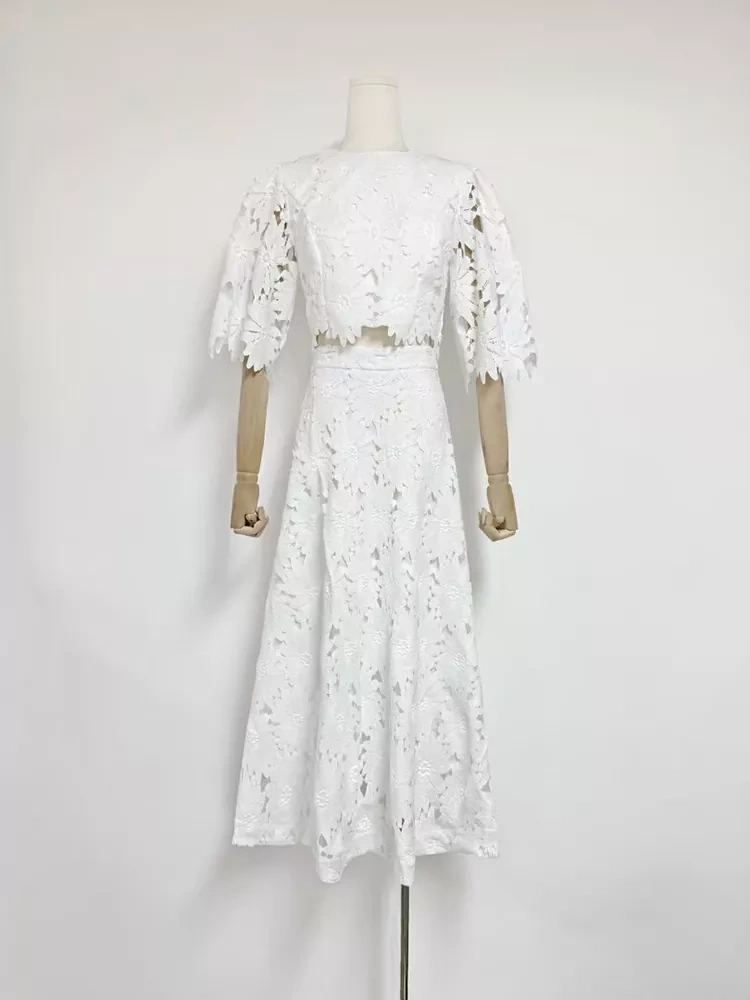 TWOTWINSTYLE Embroidered Hollow Out Flower Short High Waist Two Piece Set