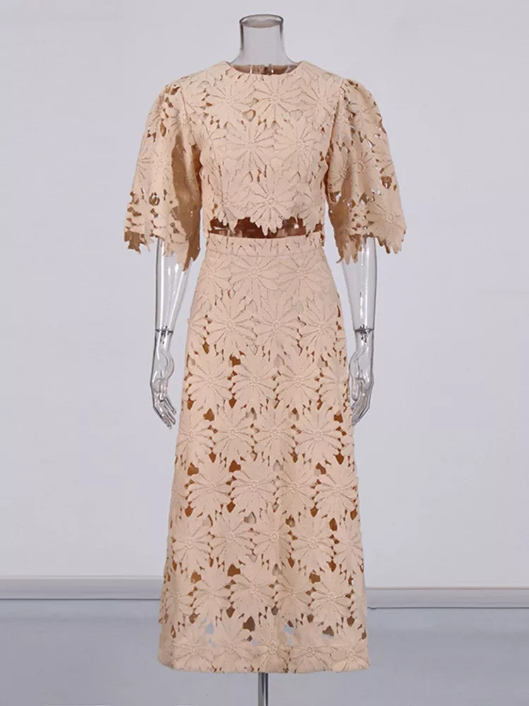 TWOTWINSTYLE Embroidered Hollow Out Flower Short High Waist Two Piece Set