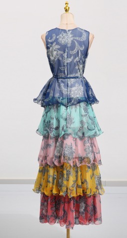 TWOTWINSTYLE Round Neck Sleeveless Printed Lotus Leaf Edge Maxi Dress