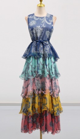 TWOTWINSTYLE Round Neck Sleeveless Printed Lotus Leaf Edge Maxi Dress