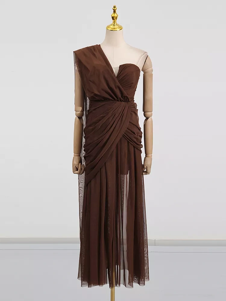 TWOTWINSTYLE Mesh One Shoulder Strapless Maxi Dress