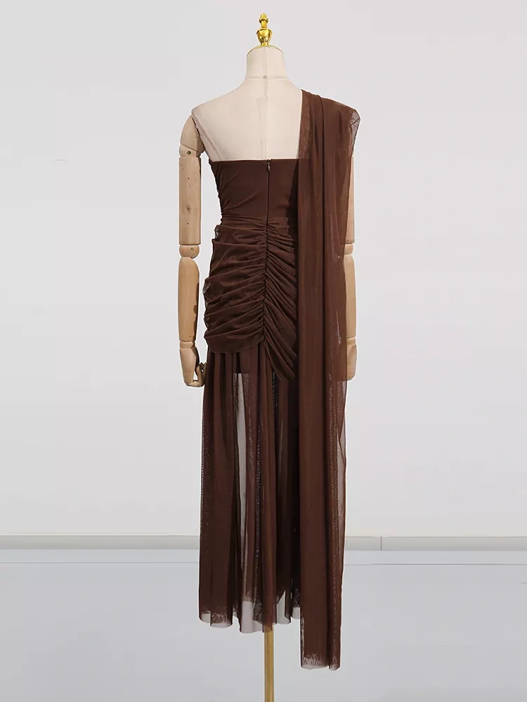 TWOTWINSTYLE Mesh One Shoulder Strapless Maxi Dress