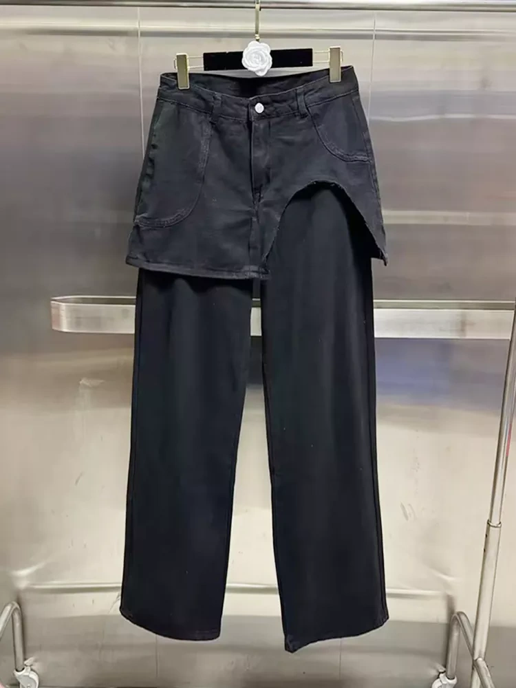 TWOTWINSTYLE Irregular Splicing Waist Fake Wide leg Jeans