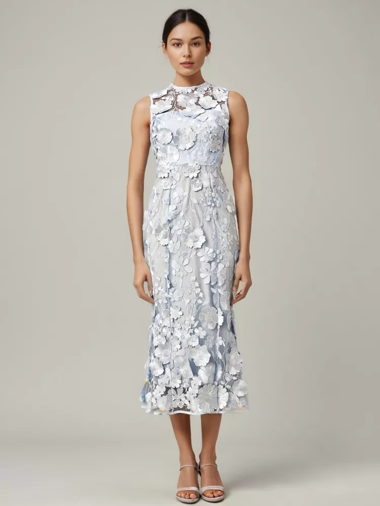 TWOTWINSTYLE Round Neck Sleeveless Three-Diamensional Floral Maxi Dress