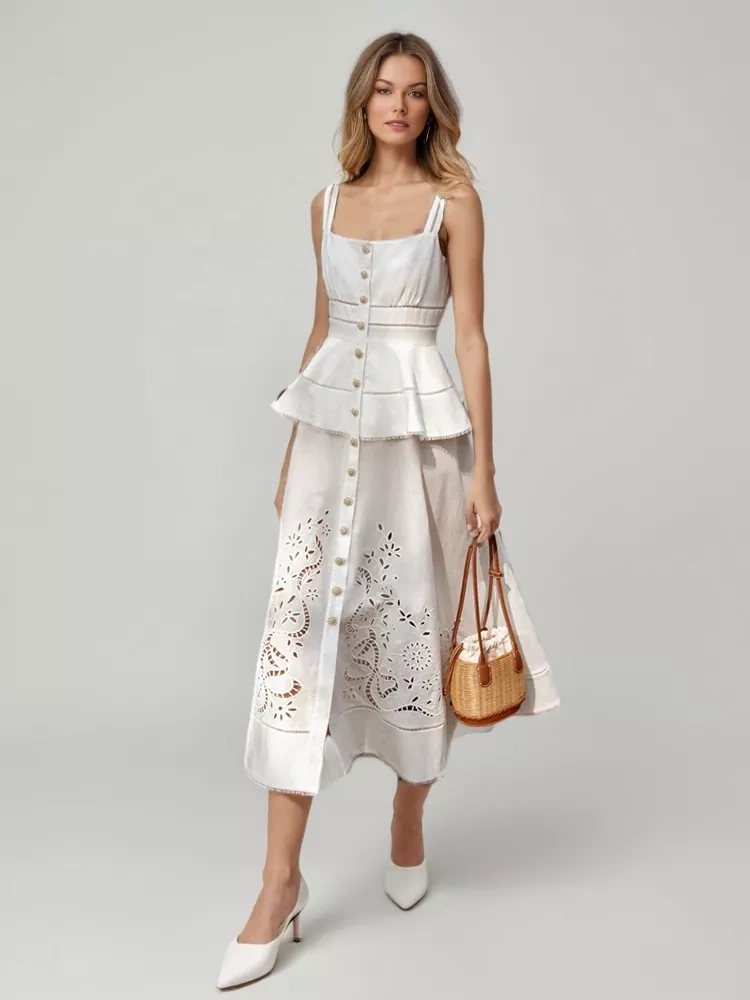 TWOTWINSTYLE Embroidered Hollow Out Suspender Maxi Dress