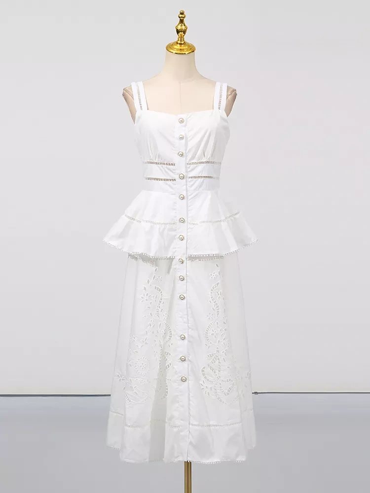 TWOTWINSTYLE Embroidered Hollow Out Suspender Maxi Dress