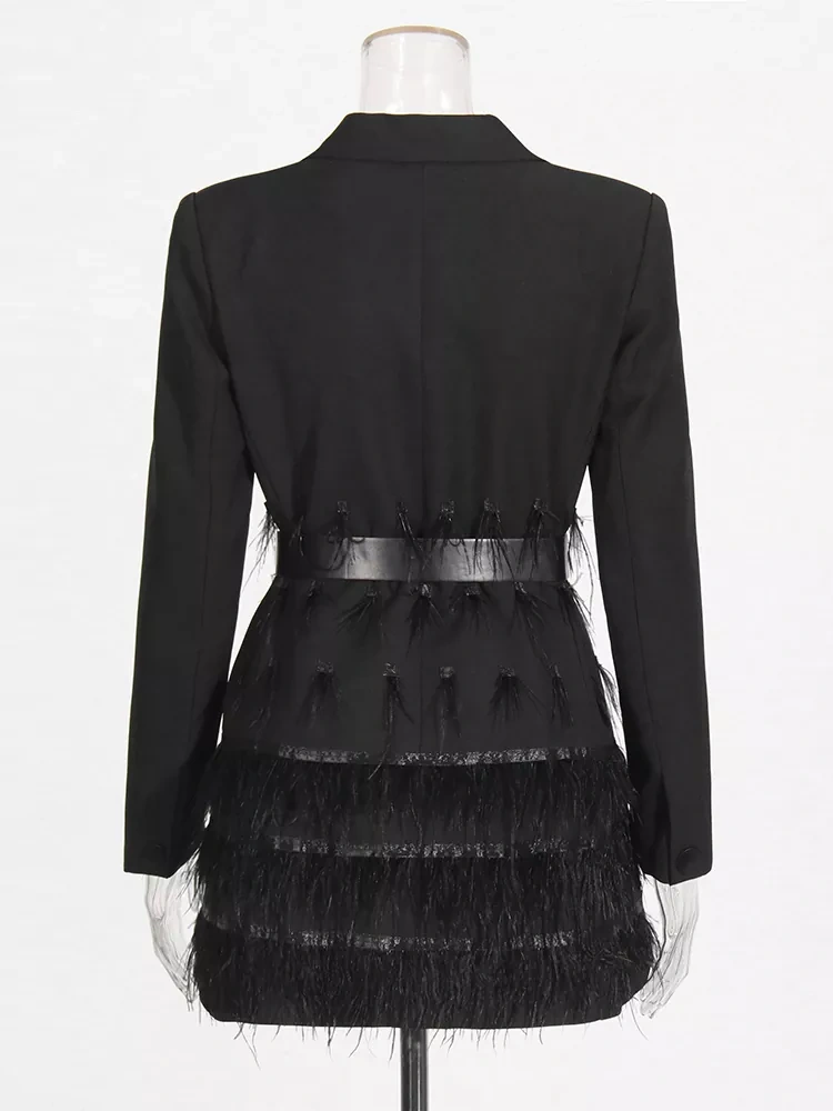TWOTWINSTYLE Black Feather Tassel Coat Belt Evening Dress