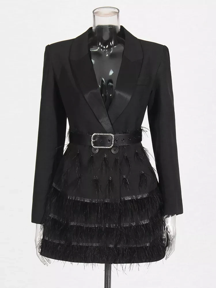 TWOTWINSTYLE Black Feather Tassel Coat Belt Evening Dress