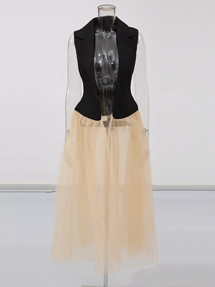 TWOTWINSTYLE Splicing Mesh Sleeveless Long Suit Jacket