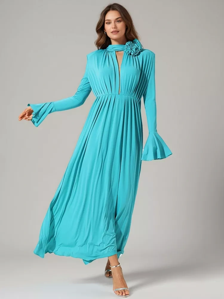 TWOTWINSTYLE Vintage Flared Sleeve Three-dimensional Flower Side Split Maxi Dress