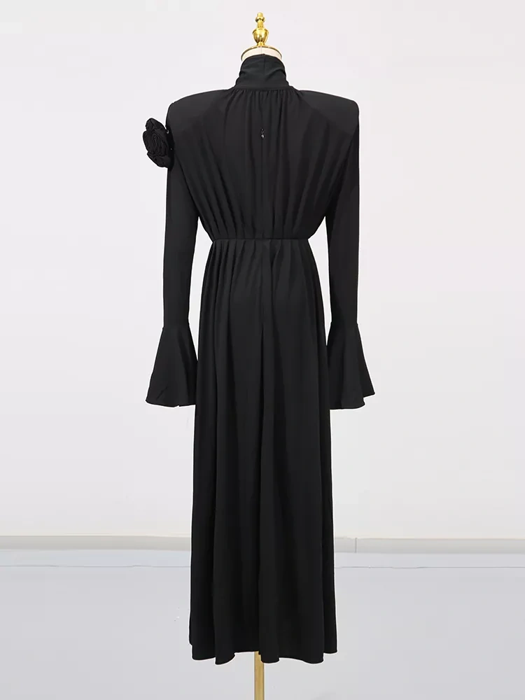 TWOTWINSTYLE Vintage Flared Sleeve Three-dimensional Flower Side Split Maxi Dress
