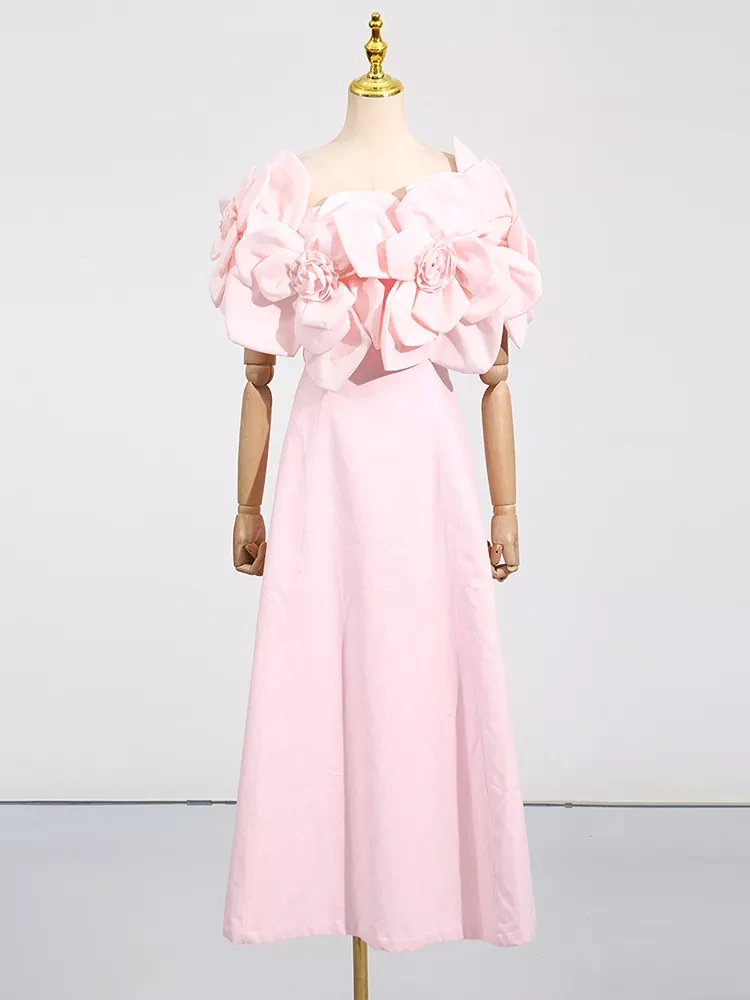 TWOTWINSTYLE Three Dimensional Flower One Shoulder Waist Maxi Dress