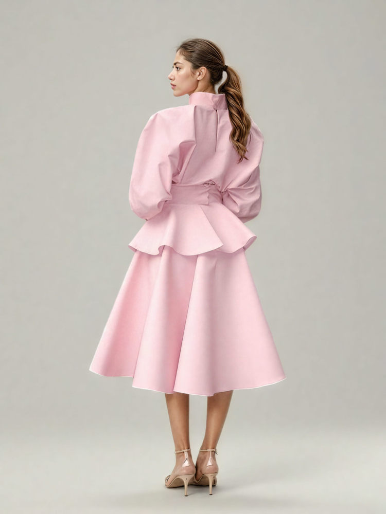 TWOTWINSTYLE Solid Crop Top Elegant Ruffles Two Piece Set