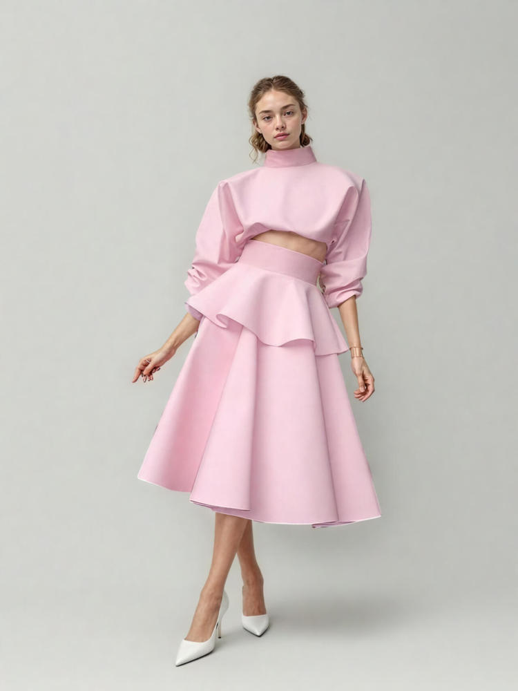 TWOTWINSTYLE Solid Crop Top Elegant Ruffles Two Piece Set