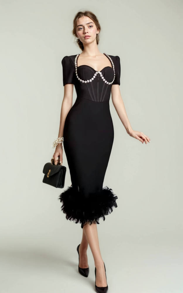 TWOTWINSTYLE Sexy Patchwork Diamonds Solid Midi Dress