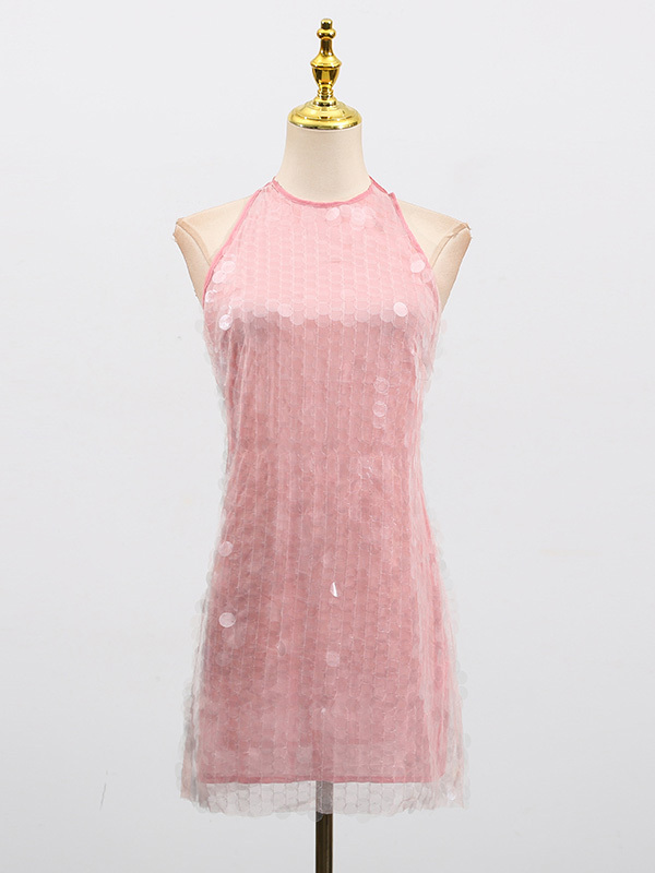 TWOTWINSTYLE Hanging Neck Patchwork Sequins Mini Dress