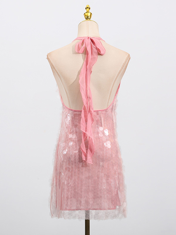 TWOTWINSTYLE Hanging Neck Patchwork Sequins Mini Dress