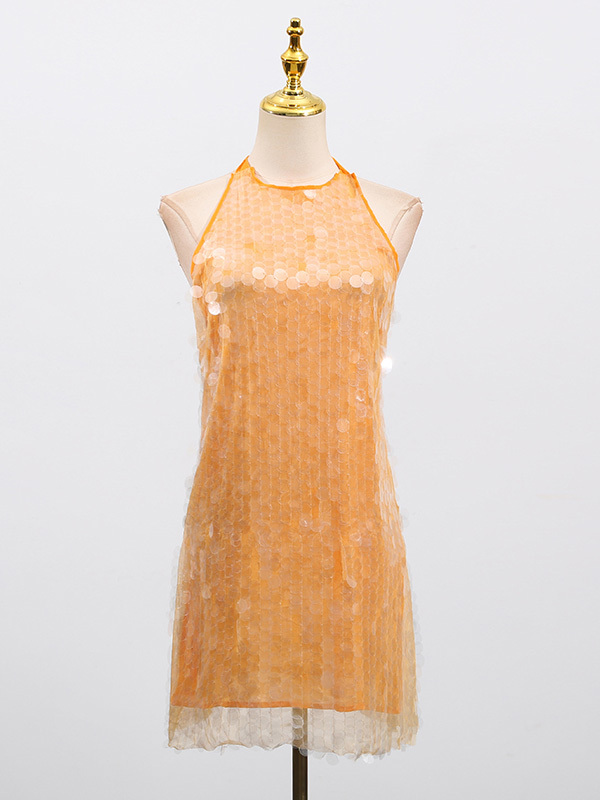 TWOTWINSTYLE Hanging Neck Patchwork Sequins Mini Dress