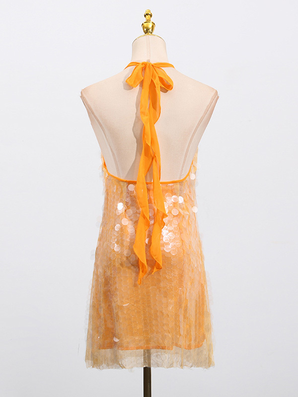 TWOTWINSTYLE Hanging Neck Patchwork Sequins Mini Dress