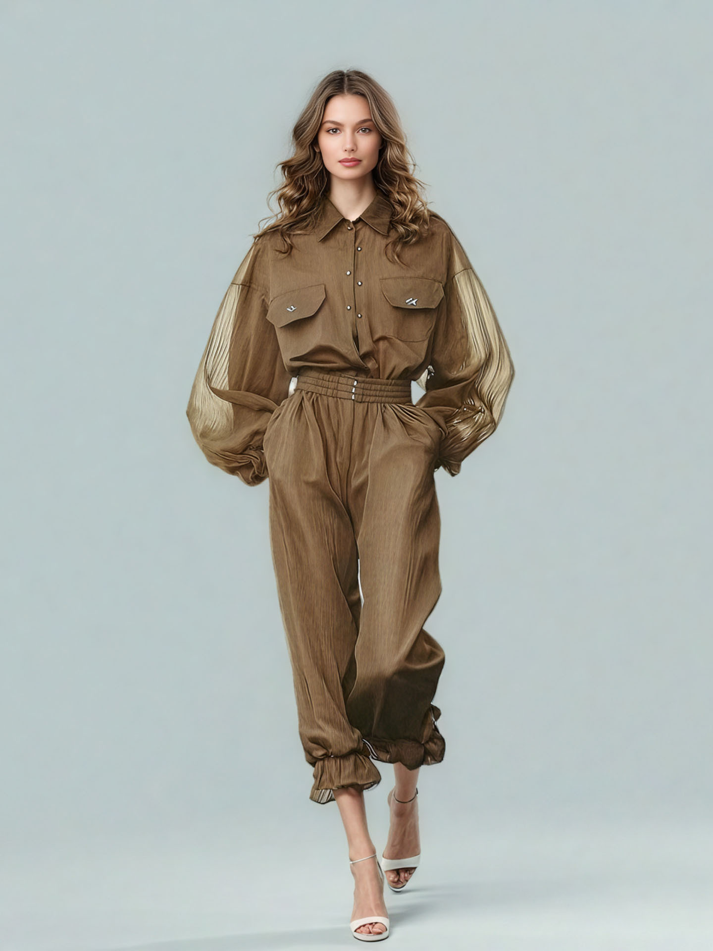 TWOTWINSTYLE Solid Workwear Style Mesh Top and Pants Two Piece Set