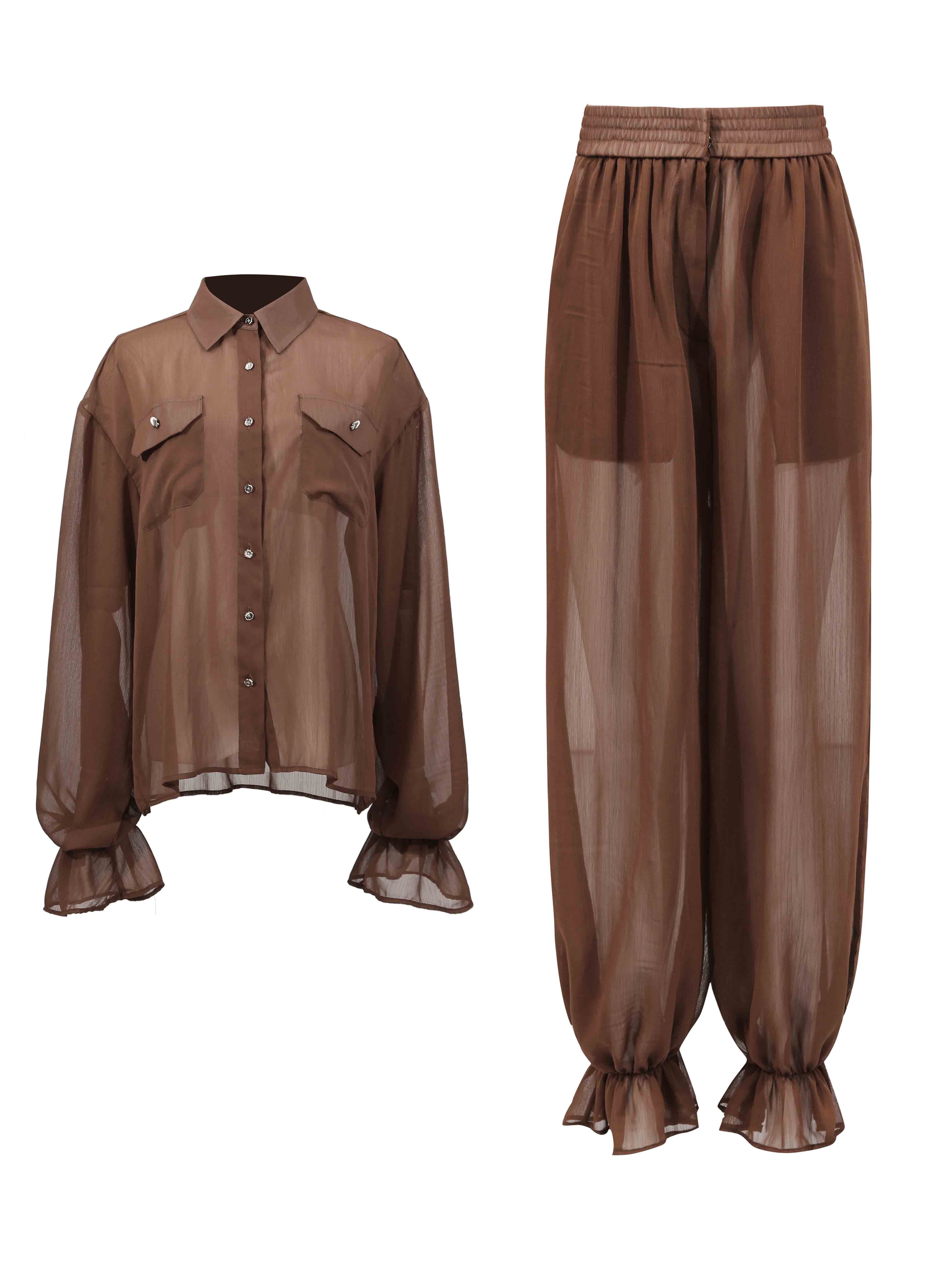 TWOTWINSTYLE Solid Workwear Style Mesh Top and Pants Two Piece Set